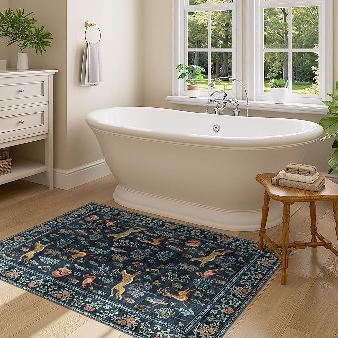DUKINO 3x4 Rug, Washable Animal Area Rug for Entryway Non Slip, Navy Blue | Soft, Low Pile, Stain Resistant Indoor Carpet Runner for Entryway, Kitchen, Bedroom, Bathroom, Pet Friendly, Home Decor