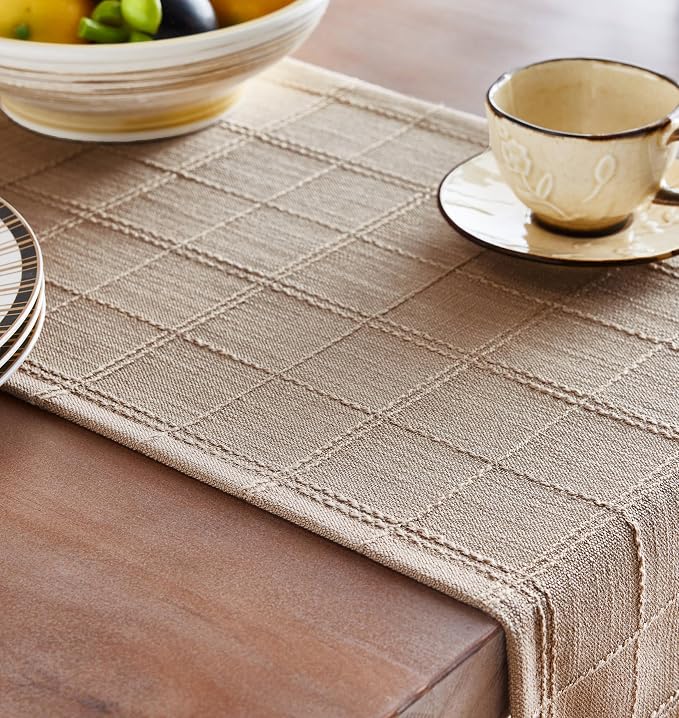 ZeeMart Linen Checked Farmhouse Table Runner, 13x108 Inches Taupe | Raised Grid Design, Rich Woven Texture, Linen Blend Table Runners 108 Inches Long, Machine Washable, Boho Home Kitchen Decor