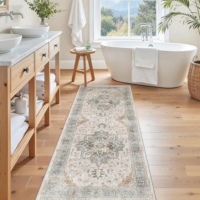Madane Hallway Runner Rug 2x5 Washable Entry Rugs Soft, Light Taupe Brown | Vintage Printed Low-Pile Kitchen Runners, Non-Slip Low-Pile Stain-Resistant Throw Carpet for Bedroom Entrance Laundry Room
