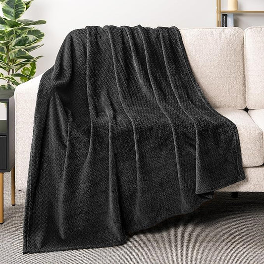 PAVILIA Soft Fleece Solid Black Throw Blanket for Couch, Lightweight Plush Warm Blankets for Bed, Fuzzy Cozy Flannel Blanket Throw for Sofa, Travel, Jacquard Pattern, Black, 50x60 inch