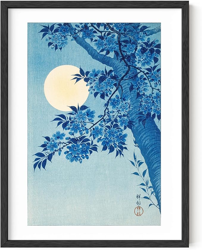 HAUS AND HUES Blue Poster - Japanese Japandi Traditional Blue Flower Print, Japanese Art Wall Decor Blue and White Wall Art, Aesthetic Poster for Room Asian Wall Art (Black Frame, 12x16)