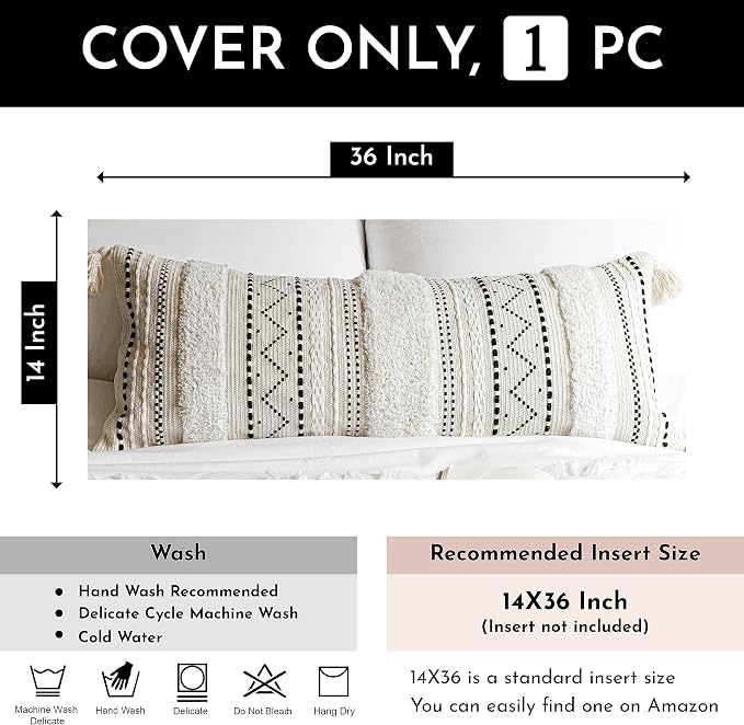 BlissBlush 14x36 Lumbar Pillow Cover for Bed, Rectangular Long Decorative Throw Pillowcase, Boho Accent Cushion with Black Tufted Pattern and Tassels, Cream Neutral (Cover Only)