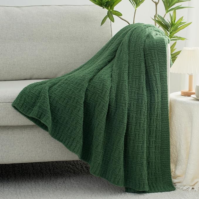 Green Ultra Soft Knit Throw Blanket for Couch,50"X60" Microfiber Fluffy Cozy Warm Knitted Blankets with Checked Pattern for Sofa Bed