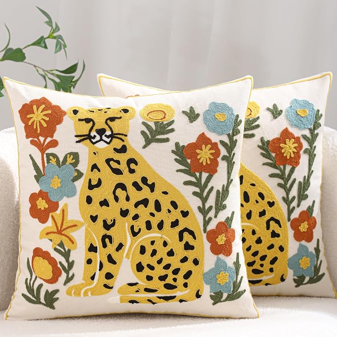 Embroidered Throw Pillow Covers 18x18 Pack of 2 Yellow Leopard Pillow Covers Green Leaves with Floral Pillowcases Boho Pillow Cushion Cases Square Flower Pillowcase Summer Home Decor