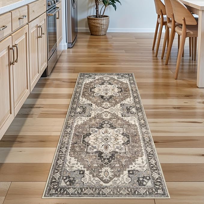 Washable Hallway 2x5 Rug Runner - Boho Vintage Kitchen Runners Stain Resistant Carpet Ultra Thin Soft Rugs for Living Room Bedroom Non-Slip Rubber Backing Floor Mat for Bathroom Entryway(Beige,2x5)