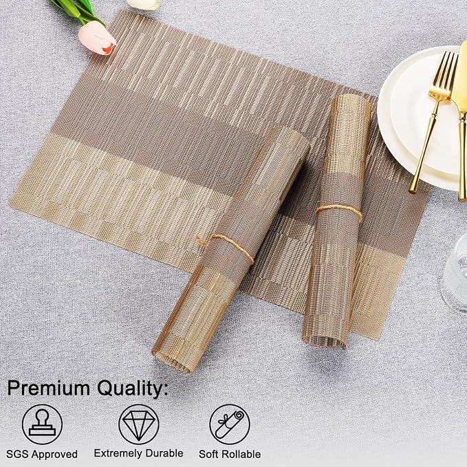 Placemats Set of 8, Vinyl Woven Heat-Resistant Place Mats | Washable Wipeable PVC Table Mats, Non Slip Placemat for Kitchen Dining Indoor Outdoor Table (Gray Gold, Set of 8)