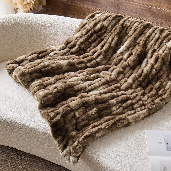 Lotus Karen Faux Fur Throw Blanket, 900 GSM Dual-Sided Soft Ruched Twin Blanket for Couch, Fluffy Cozy Fuzzy Plush Throw Gifts for Women Man Bedroom Living Room (Tie-Dye Dark Coffee, 60"x80")