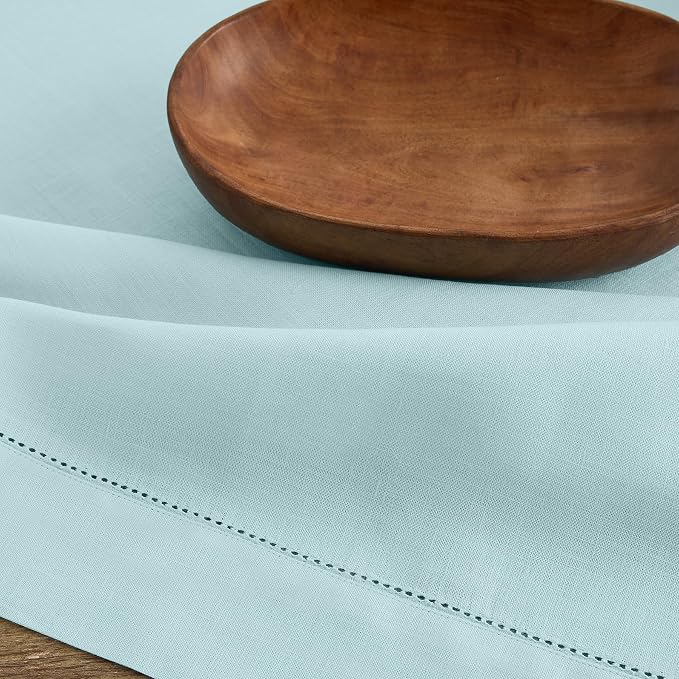 Solino Home 100% Pure Linen Table Runner Aqua Blue Hemstitch, 14 x 72 in | Classic Hemstitch, dresses up dining tables for everyday meals, hemstitched border, mitered corners, soft, OEKO-TEX Certified