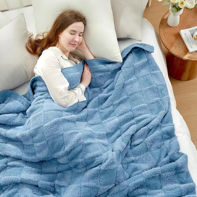 Snuggle Sac Faux Fur Throw Blanket for Couch,Knitted with Microfiber Fancy Yarn Blanket, Cozy Soft Warm Blankets for Sofa, Bedroom, Living Room, Solid Blue,50x60 inches