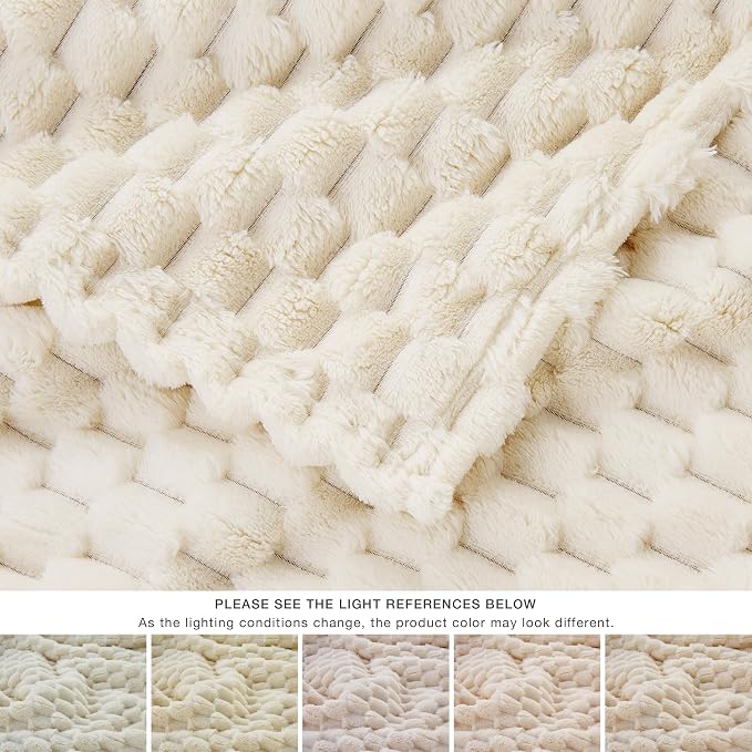 EXQ Home Fleece Blanket Twin Size for Couch or Bed - 3D Imitation Turtle Shell Jacquard Decorative Blankets - Cozy Soft Lightweight Fuzzy Flannel Blanket Suitable for All Seasons(60"×80",Cream)