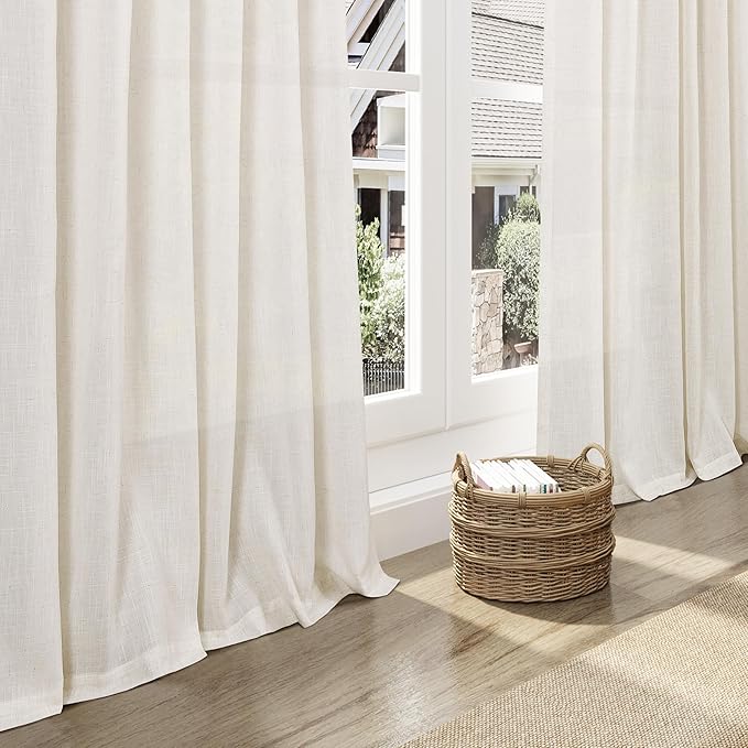 Modern Linen Curtains 96 Inches Long for Living Room Light Filtering Semi Sheer Curtain Back Tab Neutral Luxury Modern Farmhouse Decor Linen Blend Drapes for Bedroom 52x96, 2 Panels