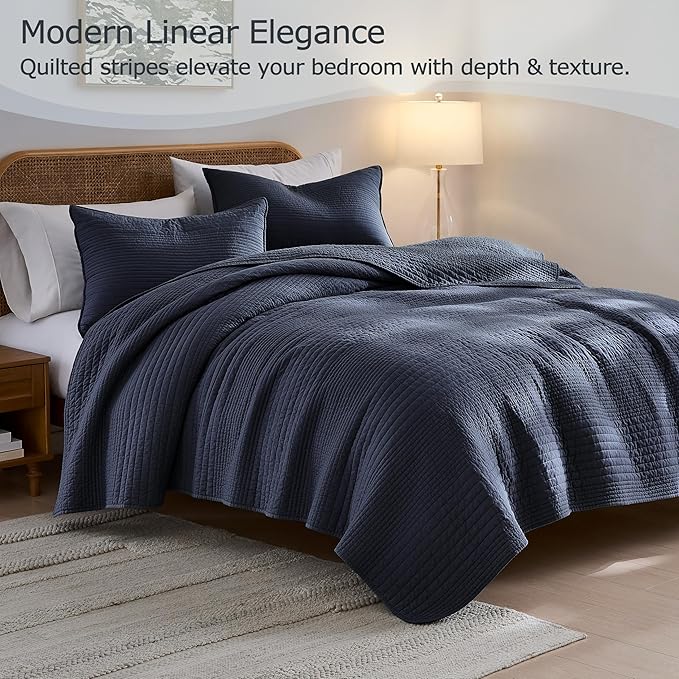 palassio Striped Navy Blue 100% Cotton Quilt Twin Size Bedding Sets, Lightweight Crinkly Channel Pick Stitch Textured Bedspread Soft Shabby Chic Farmhouse Country Coverlet for All Season, 1 Sham