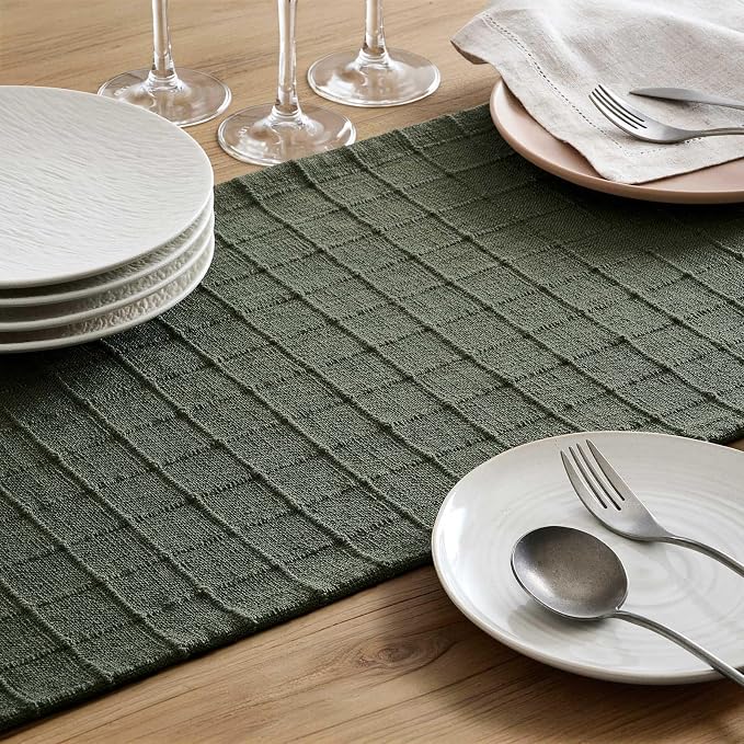 ZeeMart Artisanal Grid Linen Table Runner, 13x108 Inches Army Green | Heavy Textured, Durable Thick Fabric, Farmhouse Handwoven Feel Linen Runner, Easy Care Table Decor for Kitchen Dining Room