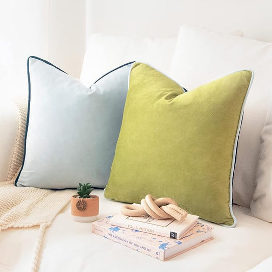 MONDAY MOOSE Decorative Throw Pillow Covers Cushion Cases, Set of 2 Soft Velvet Modern Double-Sided Designs, Mix and Match for Home Decor, Pillow Inserts Not Included (18x18 inch, Green/Blue)