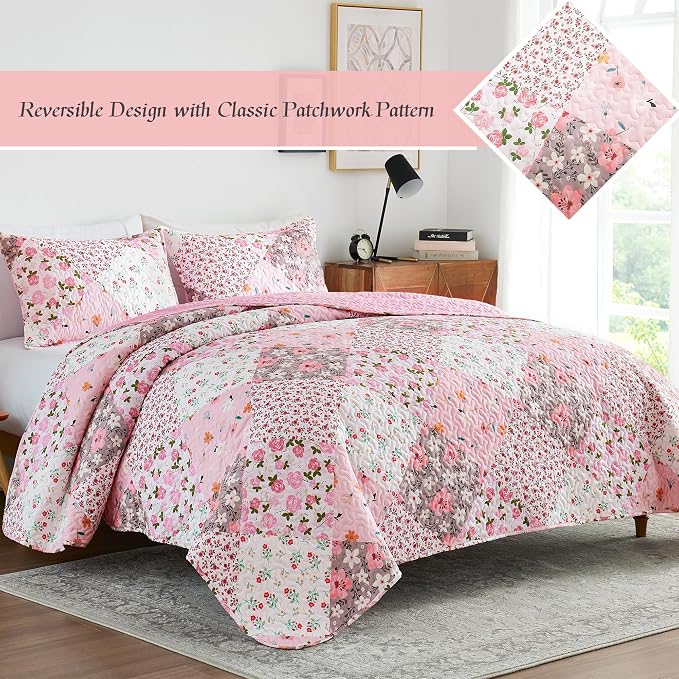 Whale Flotilla Patchwork Quilts Twin Size, Extra Soft Floral Bedspreads | Pink Reversible Lightweight Twin Quilt Bedding Set for Bed, Printed Coverlets with 1 Pillow Sham for All Seasons