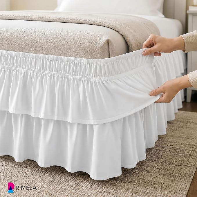 RIMELA Queen Size Ruffle Bed Skirt 16 Inch Drop - White Double Layered Wrap Around Dust Ruffle, Romantic Cute Design Bedskirt with High-Density Fabric, Soft Stretchy, Easy Install for Queen Bed