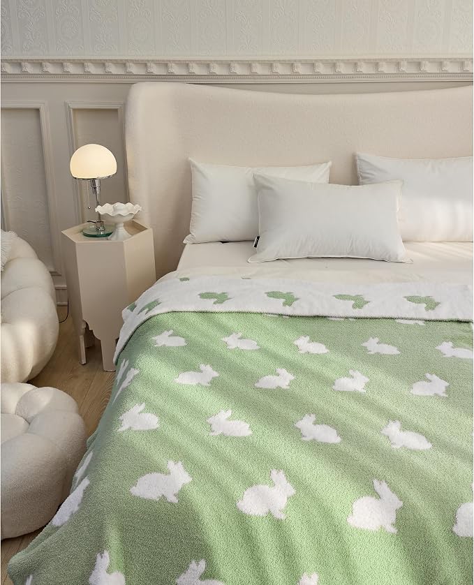 Ultra Soft Cozy Happy Easter Rabbits Spring Knitted Throw Blanket Fluffy Microfiber Checkerboard Bed Blanket Lightweight Both Sides Blanket for Couch Sofa Bed… (Rabbit Green, Throw 50“x60”)