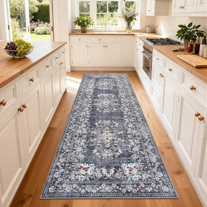GarveeHome Vintage 2x6 Runner Rug for Hallway Boho Flower Floor Carpets | Non-Slip Machine Washable Accent Mats Botanical Bathroom Runners Low Pile Floral Area Rugs for Kitchen Bedside Blue