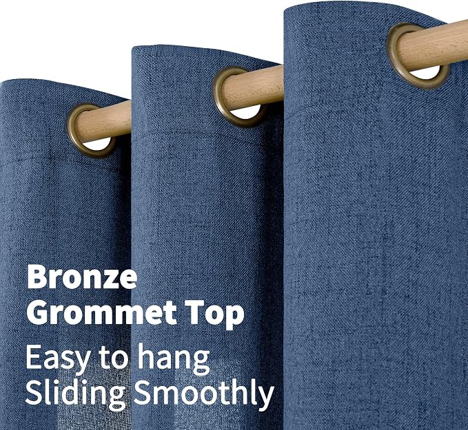 YoungsTex Navy Blue Linen Curtains 72 Inch Length for Living Room, Light Filtering Semi Sheer Drapes with Bronze Grommet Privacy for Bedroom Decorative, 52 x 72 Inch, 2 Panels