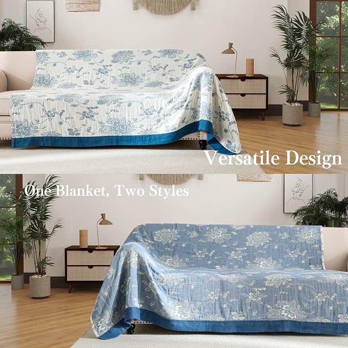 Phuryllic Boho Throw Blanket Full Size, Extra Large Soft Cozy Cotton Muslin Quilt Blanket for Bed Decor, Floral Patterned Couch Sofa Chair Cover, Vintage Farmhouse Cottage Woven Blanket, Blue&White
