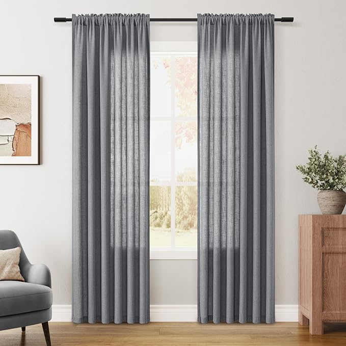 Dark Grey Linen Curtains 84 Inches Long 2 Panel Set Rod Pocket Semi Sheer Dining Room Cozy Bedroom Decor Cotton Look Country Rustic Farmhouse Boho Curtains 52x84
