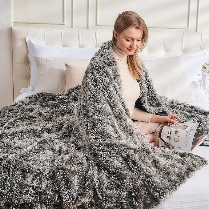 GONAAP Fuzzy Faux Fur Queen Blanket for Couch, Frosty Black, 90"x90" | Warm Cozy Plush Shaggy Decorative Reversible Thick Non-Heated Fleece Blanket for Sofa Bed, Gift for Women Men, All Season Use