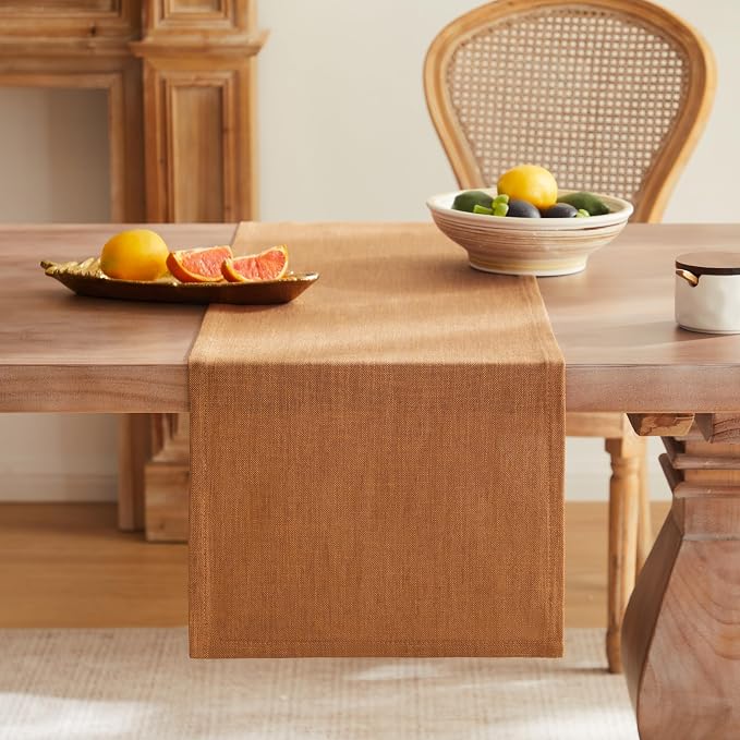 ZeeMart Rustic Cotton Linen Table Runner, 13x48 Inches Caramel | Farmhouse Style Linen Table Runners 48 Inches Long, Washable Kitchen Dining Table Decoration for Home Party Decor