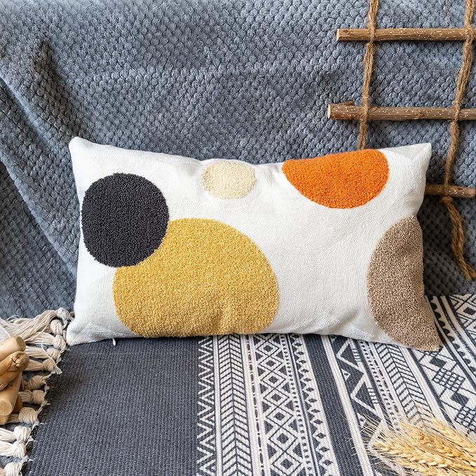 Lumbar Throw Pillow Cover, Boho Tufted Mid Century Rectangle Pillowcase for Modern Bedroom Living Room, Abstract Textured Cushion Sham, 12x20 inch, 1PCS (Yellow Orange)