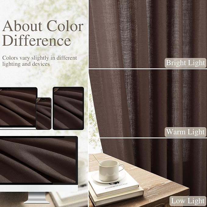 Extra Long Linen Curtains 102 Inches for Living Room Back Tab Semi Sheer Floor to Ceiling Light Filtering Curtain Boho Farmhouse Decor Window Drapes for Bedroom 2 Panels Coffee