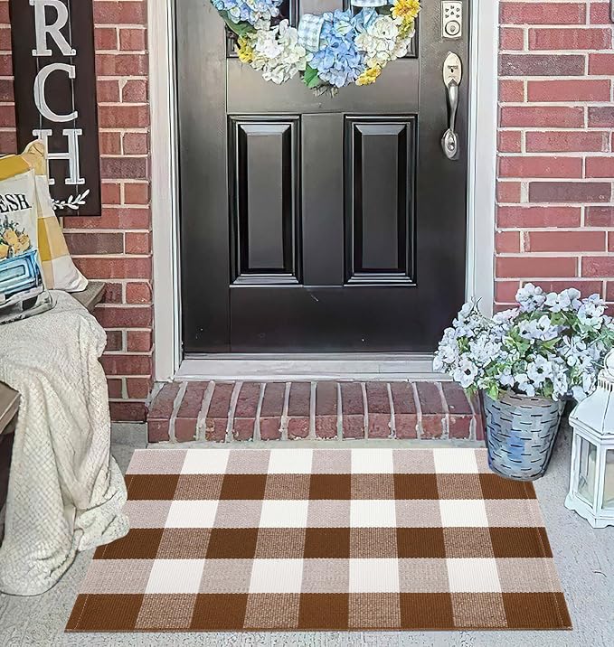 Front Door Mat Outdoor 24''x35''Buffalo Plaid Porch Mat Cotton Woven Machine Washable Carpet for Layered Doormat Hello/Welcome Door Mat,Kitchen,Farmhouse,Entryway