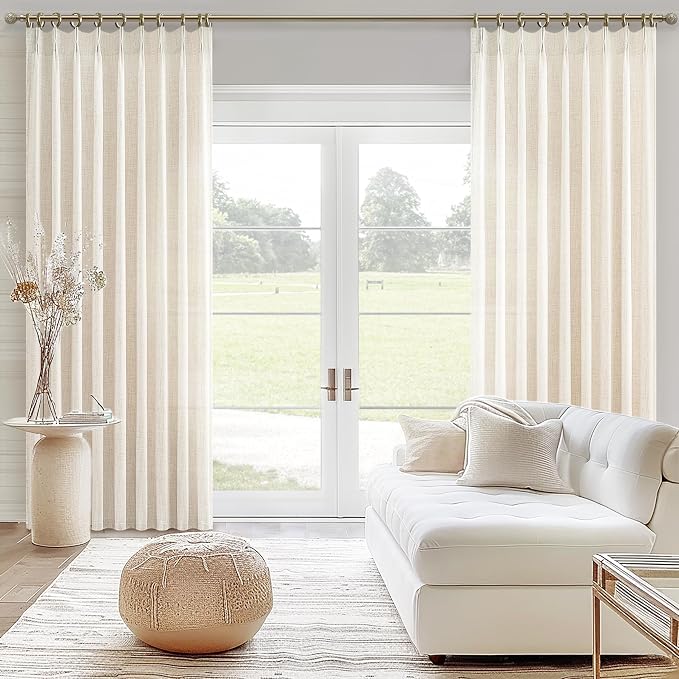 Pleated Extra Long 132 Inch Curtains for Living Room, Luxury Ivory Thick Linen Pinch Pleat Sheer Floor to Ceiling Drapes for Sliding Glass Doors 2 Panels Set Light Filtering Large Windows 11FT Curtain