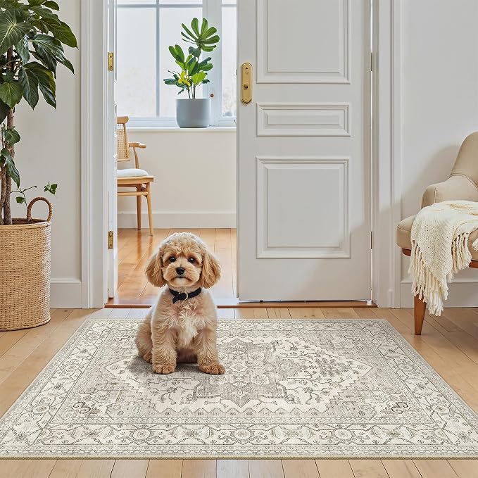 Madane Washable Area Rug 2x3 Small Entryway Rugs Non-Slip, Beige/Brown | Vintage Stain-Resistant Door Mat Indoor Entrance, Low Pile Floor Carpet for Inside Front Bedroom Kitchen Entry Laundry, Stair