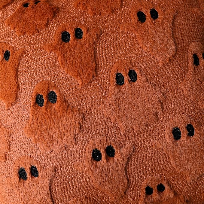 4TH Emotion Halloween Ghost Decorative Lumbar Pillow Covers 12x20 Set of 2, Rust Red Soft Plush Faux Fur Farmhouse Throw Cushion Cases for Fall Autumn Holiday Home Decorations
