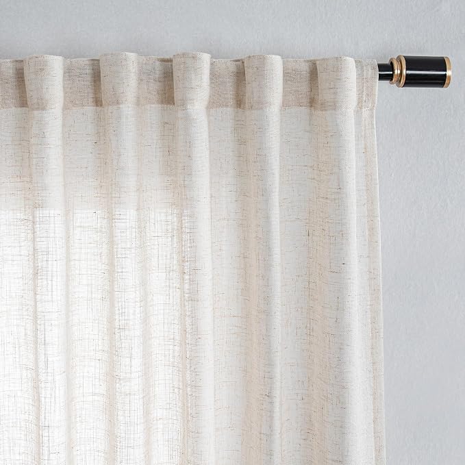 MYSKY HOME Linen Sliding Glass Door Curtains for Living Room 84 Inches Long, Natural Light Filtering Semi Sheer Curtains & Drapes 1 Panel Farmhouse Country Boho Style Back Tab Draperies, 100" Wide