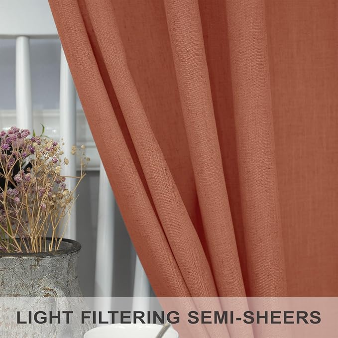 Terracotta Linen Sheer Curtains 63 Inch Boho Abstract 2 Panels