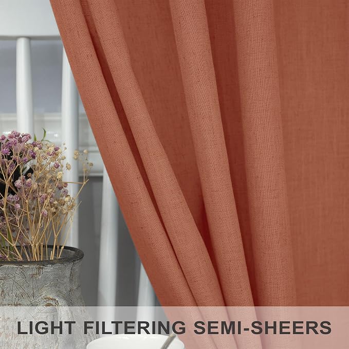 Pitalk Terracotta Curtains 84 Inches Long for Living Room Back Tab Rod Pocket Fall Drapes Semi-Sheer Boho Linen Home Decor Western Curtains for Bedroom 2 Panels Rust Colored