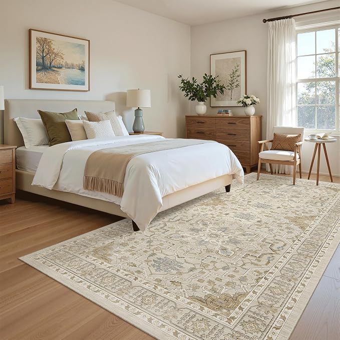 Madane 4x8 Wide Hallway Runner Rug Washable for Living Room, Beige/Blue | Soft Stain Resistant Ktichen Runners 8ft, Vintage Non Slip Low Pile Area Rugs, Thin Floor Carpet for Bathroom Dining Bedroom