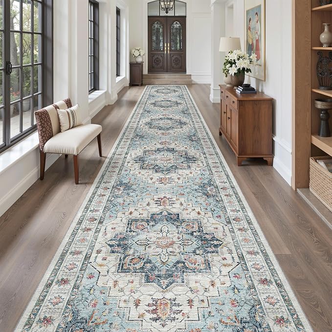 Madane Hallway Runner Rug 3x20 Washable Kitchen Runners 20ft, Blue | Vintage Non Slip Extra Long Area Rugs , Soft Low-Pile Farmhouse Wide Floor Carpet for Corridor Entryway Bathroom Bedroom