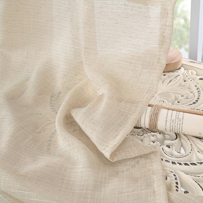 BGment Tan Burlap Linen Sheer Curtains 45 Inch Length for Short Window | Light Filtering Drapes with Rod Pocket for Living Room Bathroom Window Rustic Natural Lightweight, 2 Panels, 42 X 45 Inch