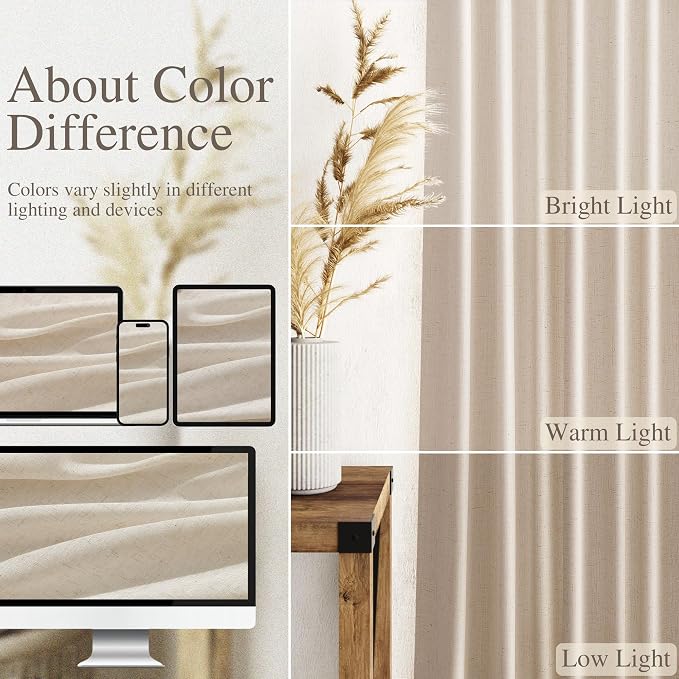 Cream Beige Linen Curtains 84 Inches Long for Living Room Light Filtering Semi Sheer Curtain Back Tab Modern Farmhouse Decor Elegant Luxury Coastal Drapes for Bedroom Office 52x84,2 Panels