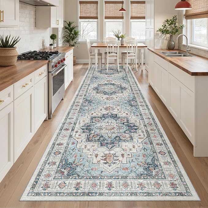 Madane Hallway Runner Rug 3x10 Washable Kitchen Runners 10ft, Blue | Vintage Non-Slip Entryway Area Rugs Indoor, Soft Low-Pile Farmhouse Wide Floor Carpet for Bathroom Living Room Bedroom Foyer