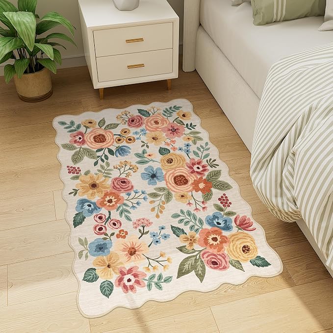 DUKINO 2x3 Rug for Entryway, Floral Door Mat Washable Rug, Beige Yellow | Non Slip, Low Pile, Soft Small Rugs for Kitchen, Entrance, Bedroom, Bathroom, Laundry, Pet Friendly, Non-Shedding, Home Decor