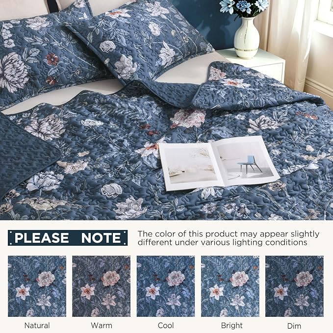 Litanika Floral Navy Quilt Oversized King - 3Pcs Botanical Birds Bed Set | Super King Plus Blue Bedspread Summer Lightweight Soft Coverlet for All Seasons(128"x120")