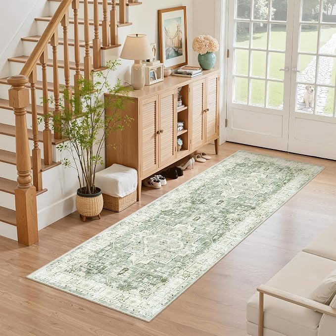 Madane Washable Runner Rug 2x6 Runners for Hallways Non Slip, Green/Ivory | Vintage Stain-Resistant 6 Feet Kitchen Rug, Soft Low-Pile Ultra-Thin Floor Carpet Mat for Bathroom Laundry Room Bedroom 2x6ft