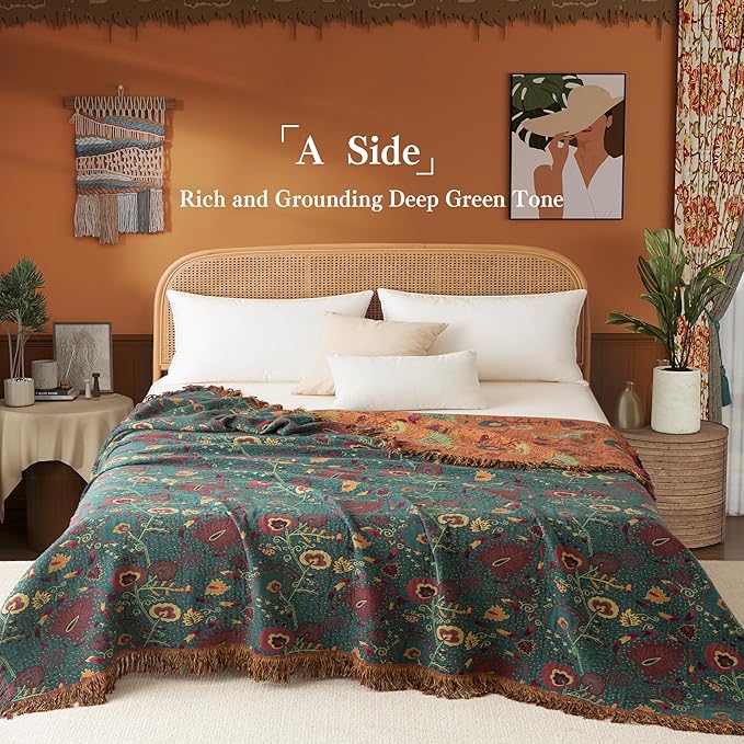Phuryllic Boho Throw Blanket Full Size, Extra Large Soft Cozy Cotton Muslin Quilt Blanket for Bed Decor, Floral Patterned Couch Sofa Chair Cover, Vintage Farmhouse Cottage Woven Blanket, Green&Orange