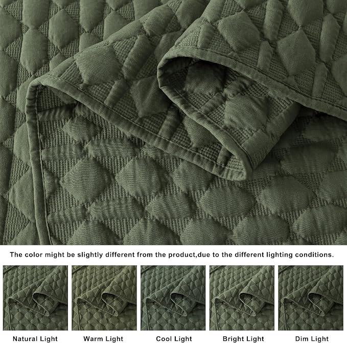 WDCOZY Olive Green Quilts Queen Size Bedding Set with 2 Pillow Shams, Lightweight Soft Full Bedspread Coverlet, Thin Comforter Bed Cover for All Season, 3 Pieces, 90x90 inches