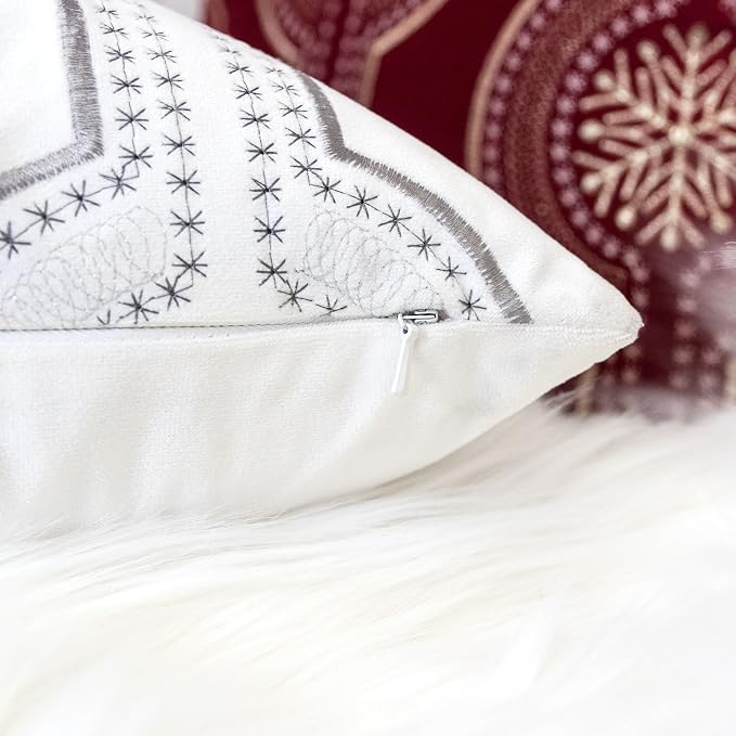 Embroidery White Velvet Throw Pillow Cover, Merry Christmas Series Snowflake Drop Luxury Soft Fuzzy Cozy Warm Slik Gift Square Couch Cushion Pillow Case 20 x 20 Inch, Cover Only