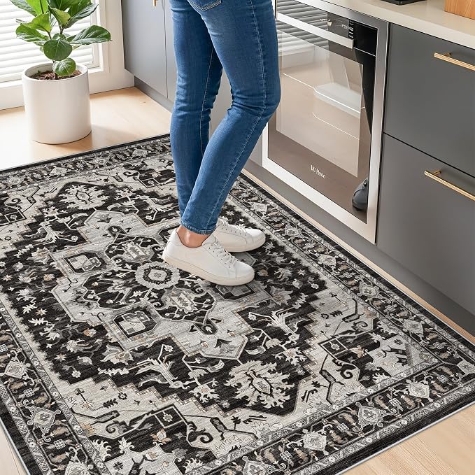 Non-Slip Washable 3x4 Entryway Rug - Boho Low Pile Throw Rugs for Kitchen Entrance Bedroom Soft Thin Area Rugs for Hallway Front Door Bathroom Vintage Distressed Home Decor (Black/Beige/Grey,3x4)