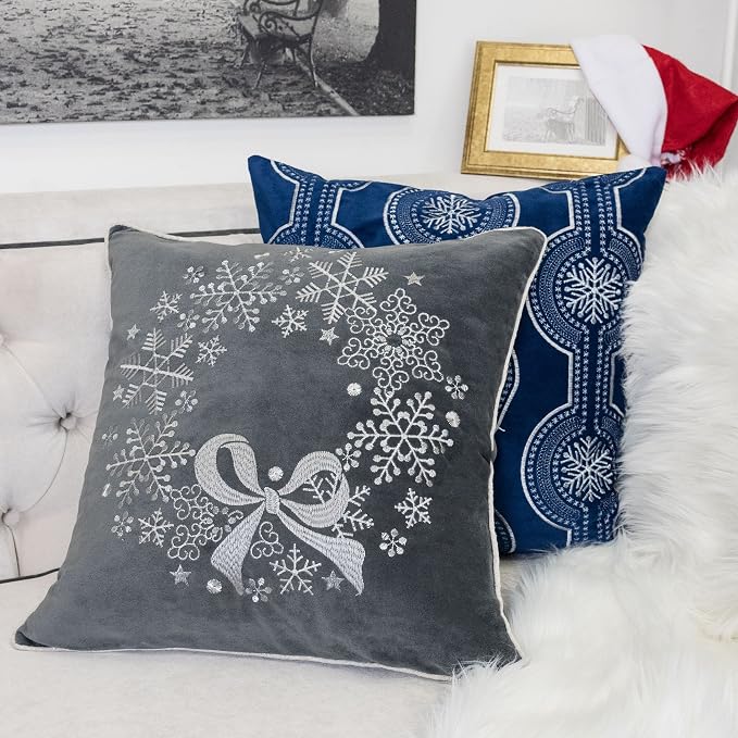 Embroidery Gray Velvet Throw Pillow Cover, Merry Christmas Series Snowflake Floral Wreath Luxury Soft Fuzzy Cozy Warm Slik Gift Square Couch Cushion Pillow Case 20 x 20 Inch, Cover Only