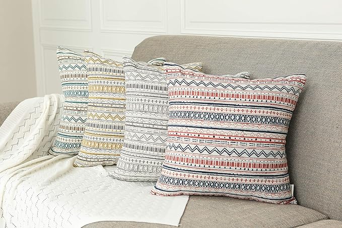 Mika Home Pack of 2 Throw Pillow Cases,Striped, 22x22 Inches, Gray Cream | Decorative Pillow Covers, Home Decoration, Bohemian Striped Geometric Pattern